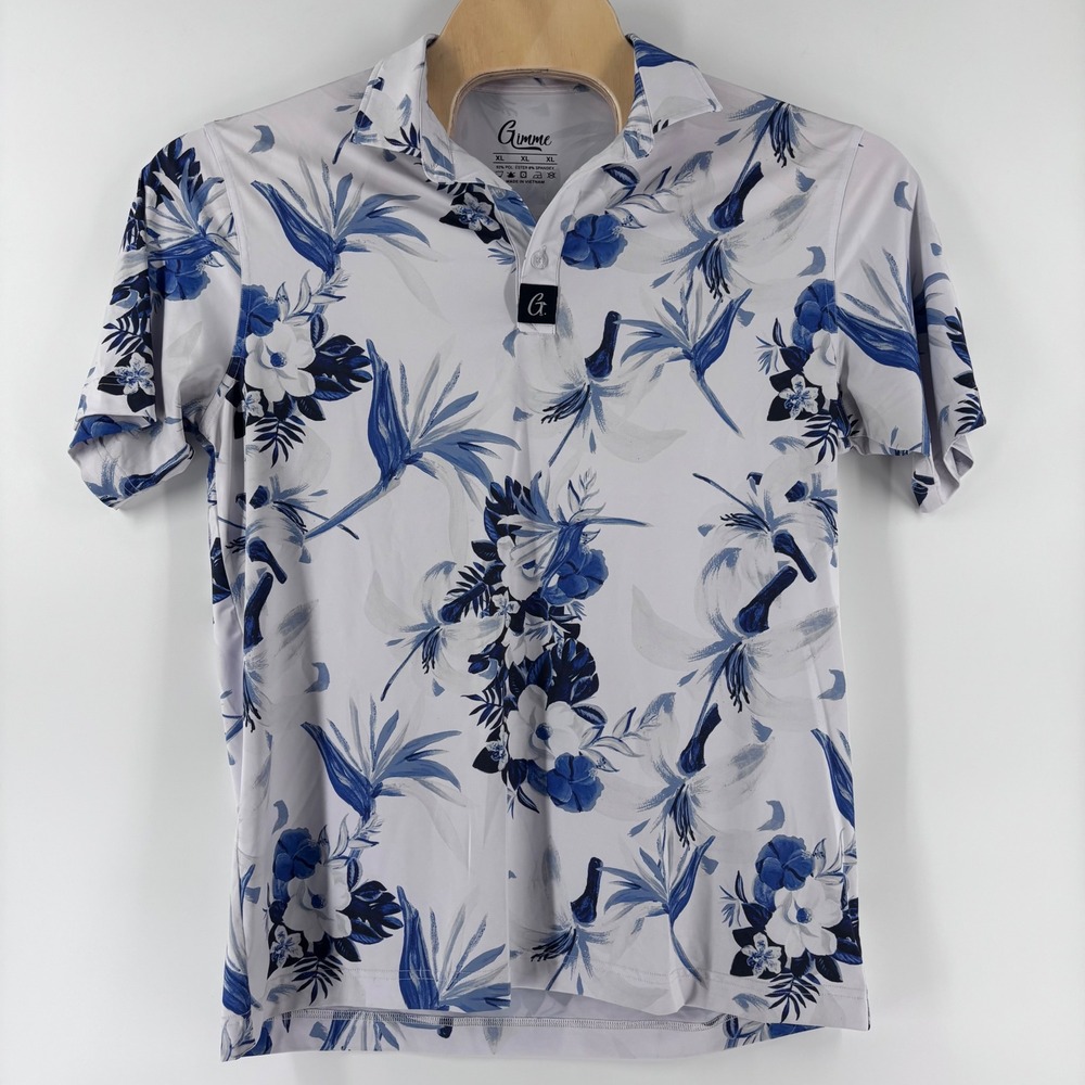 Gimme Polo Shirt Men XL White Blue Tropical Floral Bird of Paradise Golf Tee